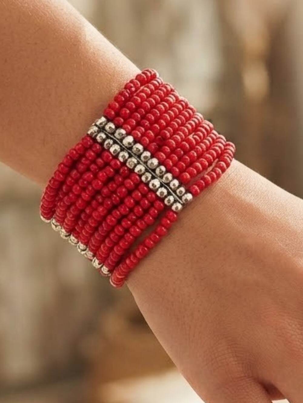 Red Beaded Stretch Bracelet with Silver Accents